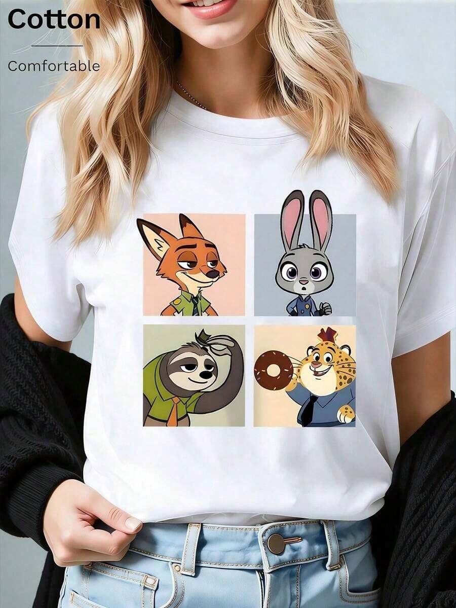 Disney Loose Fit Zootopia Four Panel Cartoon Printed T-Shirt Featuring Nick, Judy, Lightning, And Leopard Officers, Suitable For Summer And Spring, Short Sleeved Tops, Women's Clothing, Holiday Gift Party Costumes.--Disneys Disneyland Paris The Magic Kingdom Disneyesque The House Of Mouse Mickey Mouse Empire Modest Summer Outfits Take That T Shirt Summer Coord Tops For Women Summer Summer Clothes Women Summer Clothes Summer Tops Summer Tops Women Summer Co Ord Summer Top Summer Outfits White Top Black Top Holiday Outfits For Women Tops For Women Summer Holiday Gifts Valentine's Day Gifts Earth Day Gifts Oktoberfest Gifts Summer Bank Holiday Gifts - trắng - Xem 1