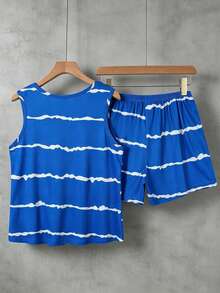 Women's Summer Thin Loungewear Set, Crew Neck Blue Striped Print Pullover, Tank Top & Shorts Two-Piece Set, Casual Comfortable Minimalist Lazy Style Pajamas Set - 彩色 - 查看 2