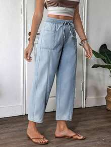 Women's Belted Pocket Casual Wide Leg Tapered Jeans - Lavado ligero - Ver 5