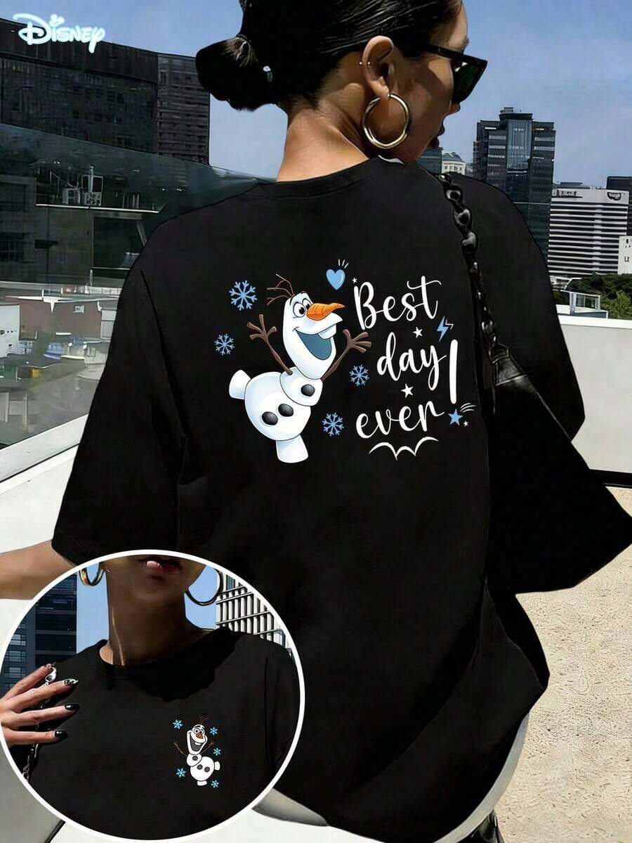 Disney Frozen Olaf "Best Day Ever" T-Shirt: Black Oversized Cotton Tee With Fresh Healing Style Graphic, Perfect For Frozen Fans, Casual Wear And Gift--Disneys Disneyland Paris The Magic Kingdom Disneyesque B6Holiday Gifts Valentine's Day Gifts Earth Day Gifts Oktoberfest Gifts Summer Bank Holiday Gifts - màu đen - Xem 1