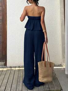 Conjunto informal de camiseta de tirantes y pantalones de algodón tejido azul marino para mujer - Burdeos - Ver 7