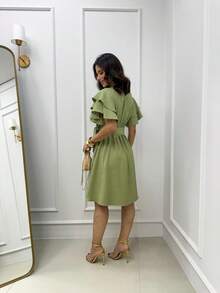 Short Midi Dress With Puff Sleeves, Ruffles, Layers, Party Skirt, Elegant, Evangelical Style. - 綠色 - 查看 4