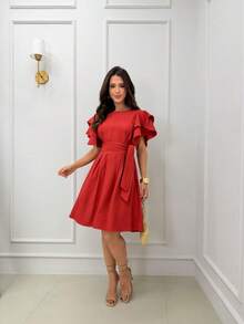 Short Midi Dress With Puff Sleeves, Ruffles, Layers, Party Skirt, Elegant, Evangelical Style. - 亮橙色 - 查看 1