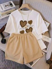 Conjunto set 2 piezas dama Camisa con estampado tierno desgastado & Short con cintura elastica French Terry ultra comodo liguero fresco ideal estilo casual vacaciones diario dulce - Beis - Ver 1
