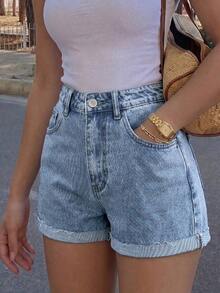 Shorts vaqueros de tiro alto lavados y remangados, de estilo minimalista y versátil, para mujer, de uso casual en verano - Lavado ligero 2 - Ver 1