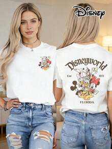Disney Official Authorization | Women's 100% Cotton Printed Short Sleeve T-Shirt. Features A "Disneyworld" Themed Print With Mickey Mouse, Minnie Mouse, Donald Duck, Daisy Duck, Goofy, And Pluto. This Loose-Fit T-Shirt Is Suitable For Disney Fans Of All Ages, Making It An Ideal Choice For Vacations, Outings, And Daily Casual Wear.--Disneys Disneyland Paris The Magic Kingdom Disneyesque B6Holiday Gifts Valentine's Day Gifts Earth Day Gifts Oktoberfest Gifts Summer Bank Holiday Gifts - trắng - Xem 1
