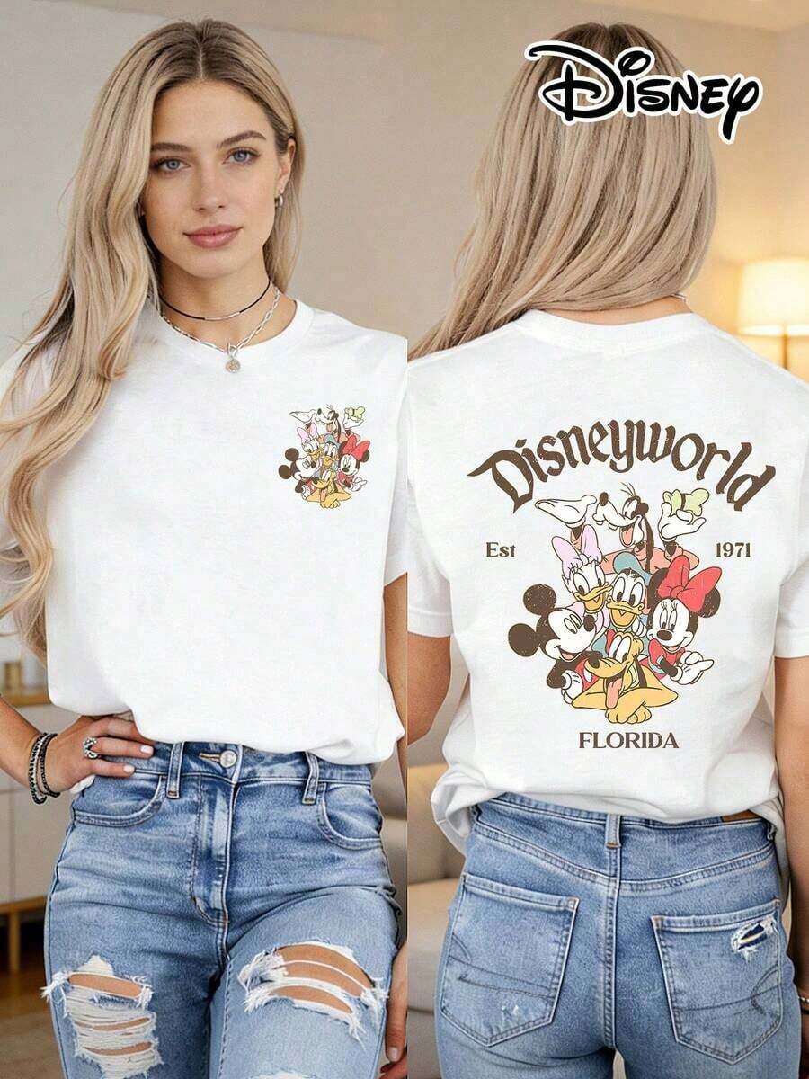 Disney Official Authorization | Women's 100% Cotton Printed Short Sleeve T-Shirt. Features A "Disneyworld" Themed Print With Mickey Mouse, Minnie Mouse, Donald Duck, Daisy Duck, Goofy, And Pluto. This Loose-Fit T-Shirt Is Suitable For Disney Fans Of All Ages, Making It An Ideal Choice For Vacations, Outings, And Daily Casual Wear.--Disneys Disneyland Paris The Magic Kingdom Disneyesque B6Holiday Gifts Valentine's Day Gifts Earth Day Gifts Oktoberfest Gifts Summer Bank Holiday Gifts - trắng - Xem 1