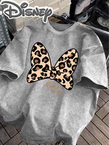 Disney Minnie Mouse Leopard Bow Minnie Mouse Logo Creative Printing Design  Oversized Fashion Old T-Shirt 2026 Spring And Summer Round Neck T-Shirt Style Retro Fashion Lovers Popular Old Round Neck T-Shirt Unisex, Excellent Gift. - Grey - View 2