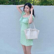 Vestidos sexys de verano para mujer, nuevos vestidos de fiesta, estilo urbano, a cuadros, con estampado, de manga corta, elegantes, para discoteca, tipo tank. - Verde - Ver 2