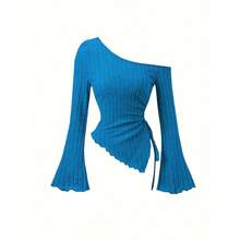 Nueva camiseta elegante asimétrica de estilo callejero informal ajustada de manga larga cruzada con hombros descubiertos para mujer top de manga trompeta - Azul - Ver 6
