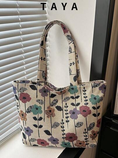Large Capacity Printed Tote Bag, Featuring Fashionable And Unique Printed Pattern Design With Zipper Closure. This Ladies Handbag Has A Minimalist And Versatile Japanese Style Design, Suitable For Office, School, Commuting And Daily Use. It Is An Ideal Gift Choice For Workplace, Festivals And Birthdays, And Can Also Be Used As A Travel Bag, Diaper Bag, Shopping Bag Or Lightweight And Durable Storage Bag. Canvas Bag