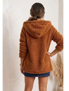 Women's Teddy Coat With Hood And Pockets | Warm, Casual, Fleece-Lined Winter Jacket - Màu nâu  Mocha - Xem 2