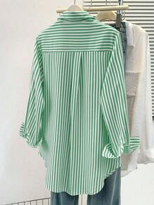 Camisa de manga larga a rayas clásica para mujer, con cuello, diseño de botones delanteros, decoración de bolsillo, adecuada para oficina y uso casual en primavera, verano, otoño e invierno - Verde - Ver 5