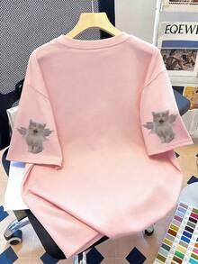 大尺碼女款休閒天使貓印花圓領T恤，短袖，適合日常穿著、海灘度假、外出、旅行、派對，夏季度假粉色 - 粉色 - 查看 5
