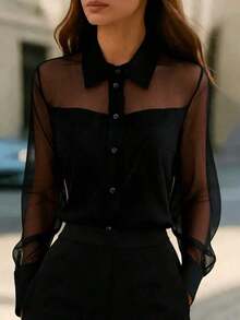 1 pieza Blusa elegante de mujer con parches de malla, adecuada para salidas diarias, ir al trabajo y atuendos de aeropuerto - Negro - Ver 7