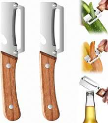 2 Pack Premium 2-In-1 Multi Functional Vegetable And Fruit Peeler With Bottle Opener, Wooden Handle, Stainless Steel Blade-Zero Snag, Smooth Glide Kitchen Tool For Potato, Carrot,Sugar Cane And More - 棕色 - 查看 1