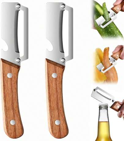 2 Pack Premium 2-In-1 Multi Functional Vegetable And Fruit Peeler With Bottle Opener, Wooden Handle, Stainless Steel Blade-Zero Snag, Smooth Glide Kitchen Tool For Potato, Carrot,Sugar Cane And More