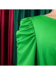 Elegant Midi Dress For Women, Puff Sleeve Belted A Line Dress, Work Office Wedding Guest Bridesmaid Dress, Modest Church Outfit, Plus Size - Green Plus - Xem 3