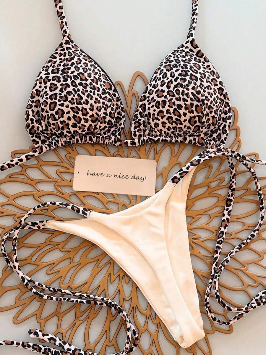 2 piezas Conjunto de bikini de mujer con estampado de leopardo y cordones sexy, adecuado para playa, resort, actuaciones en el escenario y vacaciones - Amarillo - Ver 1