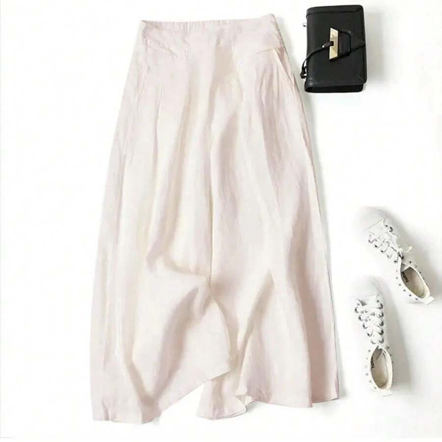 Pantalones Culottes de Verano 2026 para Mujer, de Algodón y Lino, Corte Ancho, Cintura Elástica, Estilo Casual, con Bolsillos - Beis - Ver 1
