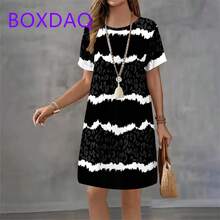 Vestido con estampado de rayas geométricas para mujer, vestido veraniego holgado informal de manga corta con cuello redondo, minivestido de playa para mujer - XD-DX8087 - Ver 5