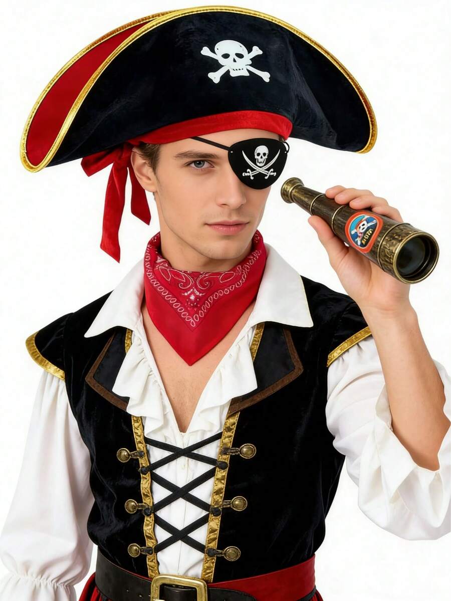 Pirate Hat Set Costume Combo Hat Vintage Pirate Hat Telescope Eye Patch Face Mask Set Activity Costume Cosplay Party Outfit - Multicolor - View 1