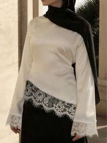 Elegant Satin Arabian Robe Top With Lace Trim, Style Long Sleeve Top Spring White - White - View 4