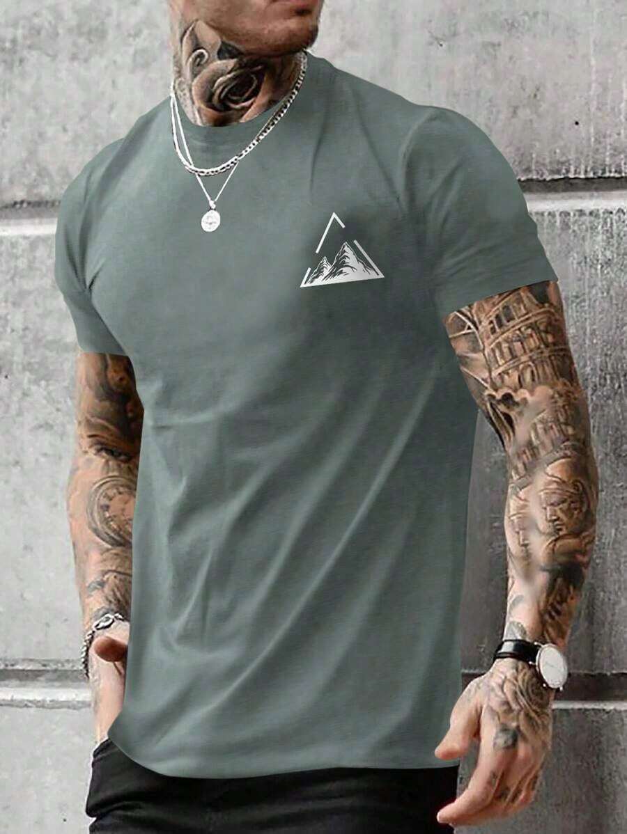 Men's Printed Short Sleeve T-Shirt With Geometric Pattern - Dark Grey - View 1