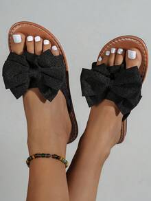 Breezelady Women's Black Bow Slide Sandals – Featuring A Voluminous, Textured Fabric Bow For A Sweet, Eye-Catching Look, These Sandals Have A Soft, Supportive Footbed And A Lightweight, Durable Design. Ideal For Casual Outings, Brunch Dates, Or Weekend Errands, They Pair Perfectly With Denim Shorts, Sundresses, Or Cropped Jeans For A Cozy, Charming Summer Vibe. - Pure Black - View 6
