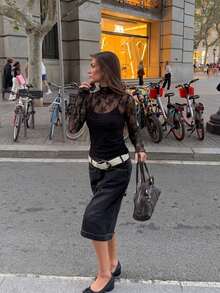 Top de cuello alto de encaje y malla, nuevo para primavera/verano, prenda base sexy y elegante. - Negro - Ver 2