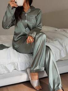 Women's Casual Solid Color Heart Embroidery Minimalist 2-Piece Set, Long Sleeve Top And Long Pants, Suitable As Sleepwear And Loungewear - Green - View 3