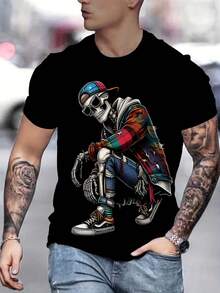 Camiseta de Moda para Hombre con Estampado 3D - Casual, Poliéster Transpirable, Lavable a Máquina, Cuello Redondo, No Transparente - Perfecta para el Verano - Negro - Ver 9