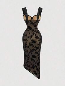 Vestido elegante de mujer con malla de terciopelo con estampado floral y abertura, Vestido negro de graduación, Vestido de mujer, Vestido de bruja, Vestido de vampiro, Vestidos elegantes de mujer, Atuendo del Día de los Muertos, Gótico - Albaricoque - Ver 2