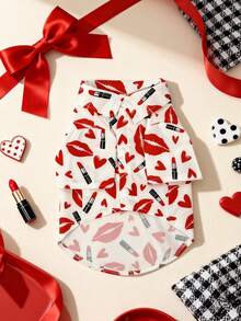 LUCKIE LABO 1pc Cute Lip Print Casual Fashion Dog Shirt With Buttons, Pet Clothes Suitable For Cats And Dogs Indoor And Outdoor - Red and White - View 17