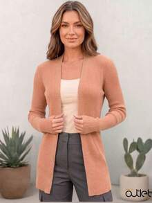 Women's Open Ribbed Cardigan, Basic, Elegant, Casual, Winter, Cold Weather, Knit Cardigan - Nuevo Beige - Ver 1