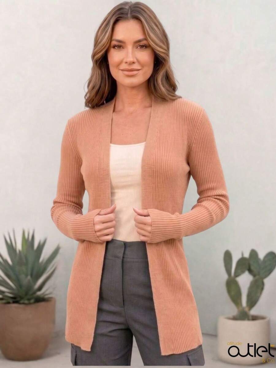 Women's Open Ribbed Cardigan, Basic, Elegant, Casual, Winter, Cold Weather, Knit Cardigan - Nuevo Beige - Ver 1