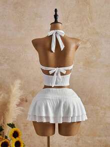 Nuevo conjunto de bikini de 3 piezas de unicolor con parte superior de atar al cuello, cadena con concha y estilo casual para vacaciones - Blanco - Ver 2