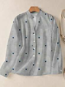 Camisa de mujer de manga larga con botones y bolsillos, con estampado romántico de corazones, adecuada para otoño, invierno y primavera - Gris - Ver 4