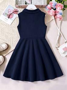 Girls' Solid Color Polo Collar Sleeveless Casual Dress - Navy Blue - View 2