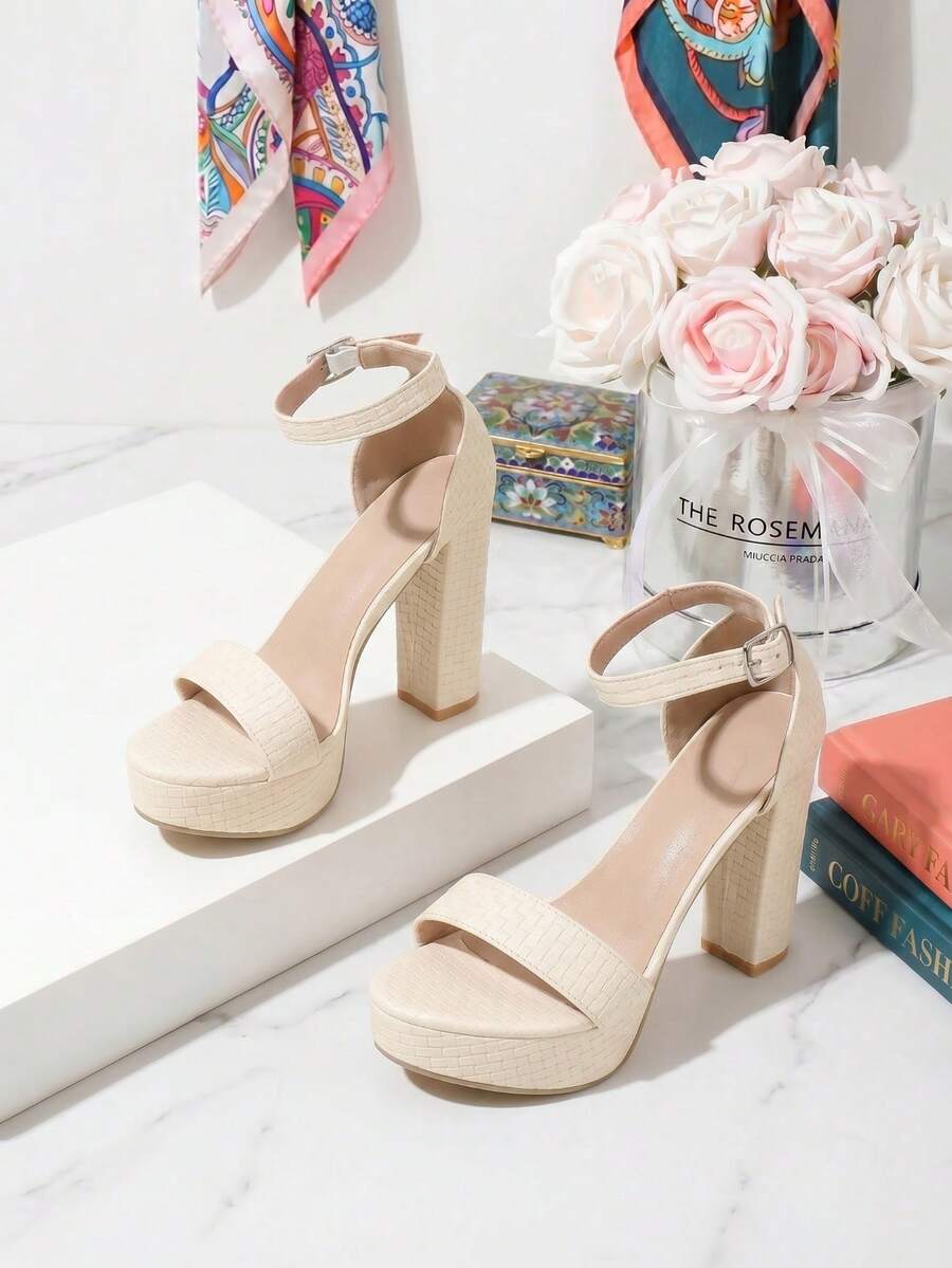 Elegant Ivory Waterproof Thick-Soled High Heel Shoes, Versatile Ankle Strap Thick-Soled Sandals Suitable For Weddings, Banquets, Parties, Dates, Work, Travel, Holidays, Formal Occasions, Daily Wear, Fashionable White Women Sandals - Off White - View 1