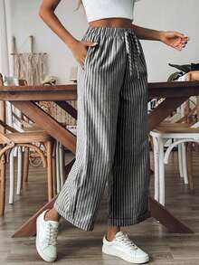 Pantalones sueltos holgados de mujer con estampado de rayas, cintura con cordón y bolsillos, versátiles - Blanco y Negro - Ver 3