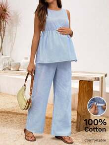 Conjunto de 2 piezas compuesto por top casual de cuello redondo sin mangas a rayas y pantalones holgados para embarazadas, ideal para el verano - Azul 2 - Ver 3