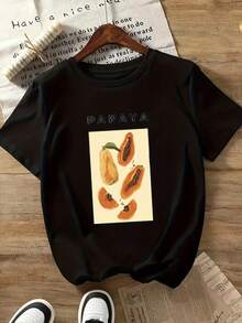 Summer Tops Women's White Loose Short Sleeve T-Shirt - Papaya Fruit Pattern And Papaya Lettering Design, Loose, Casual Crew Neck Top Paired With Beige Tummy Control Shorts (Machine Washable) - Latin American Fruit Pattern T-Shirt, Women's Top, Women's T-Shirt, High-Quality Cafe Clothing, Women's Clothing, Patterned T-Shirt, Women's Curly T-Shirt, Women's Fun T-Shirt, Women's Shirt, Fantasy Costume, Women's Patterned T-Shirt, Women's Plus Size T-Shirt, Women's T-Shirt, T-Shirt, Women's Patterned T-Shirt, Women's T-Shirt, Women's T-Shirt, Women's Patterned T-Shirt, Women's T-Shirt, Summer Clothing, Women's Fun T-Shirt, Cotton T-Shirt. - Black - View 1