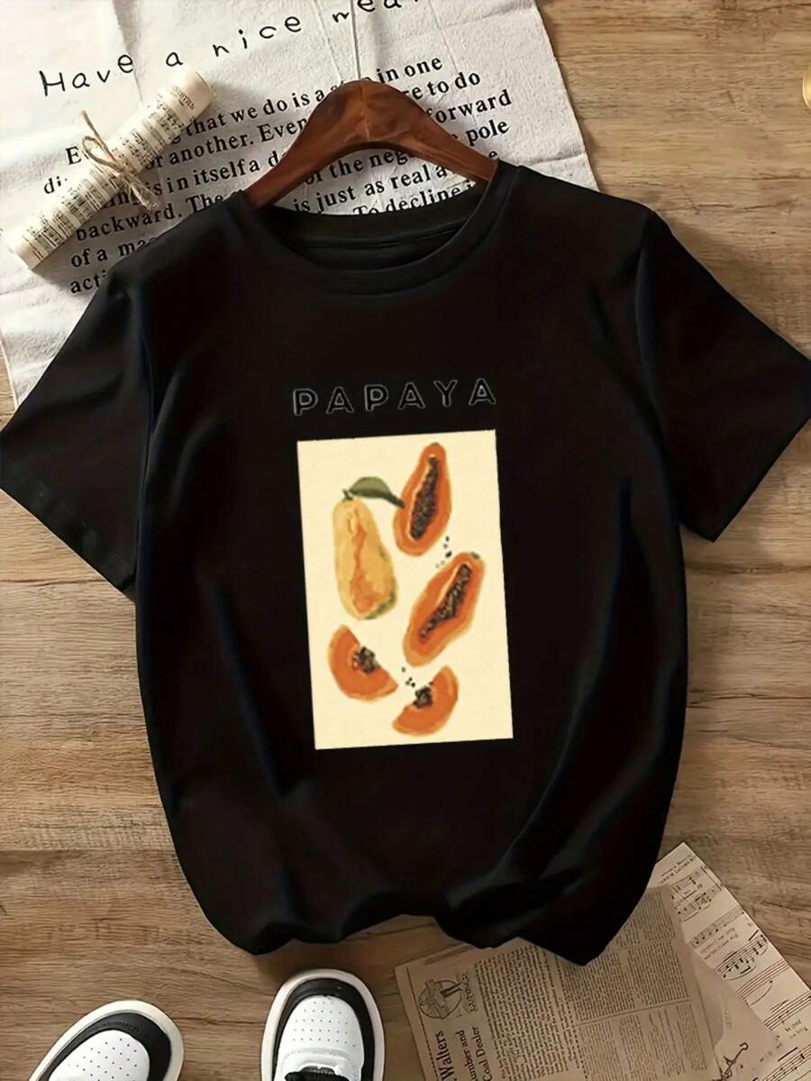 Summer Tops Women's White Loose Short Sleeve T-Shirt - Papaya Fruit Pattern And Papaya Lettering Design, Loose, Casual Crew Neck Top Paired With Beige Tummy Control Shorts (Machine Washable) - Latin American Fruit Pattern T-Shirt, Women's Top, Women's T-Shirt, High-Quality Cafe Clothing, Women's Clothing, Patterned T-Shirt, Women's Curly T-Shirt, Women's Fun T-Shirt, Women's Shirt, Fantasy Costume, Women's Patterned T-Shirt, Women's Plus Size T-Shirt, Women's T-Shirt, T-Shirt, Women's Patterned T-Shirt, Women's T-Shirt, Women's T-Shirt, Women's Patterned T-Shirt, Women's T-Shirt, Summer Clothing, Women's Fun T-Shirt, Cotton T-Shirt. - Black - View 1