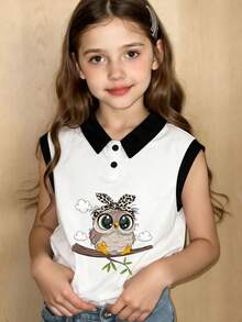 Girls' Casual Cute Rainbow & Ditsy Floral Polo Collar Tank Top, New Spring/Summer Style Girls' Tank Top - White - View 3