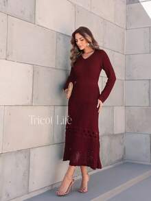 Elegant Women's Midi Knit Dress With Long Sleeves And Lace, Mermaid Style, Ideal For Winter Parties, Shapes The Body. - 勃根地 - 查看 1