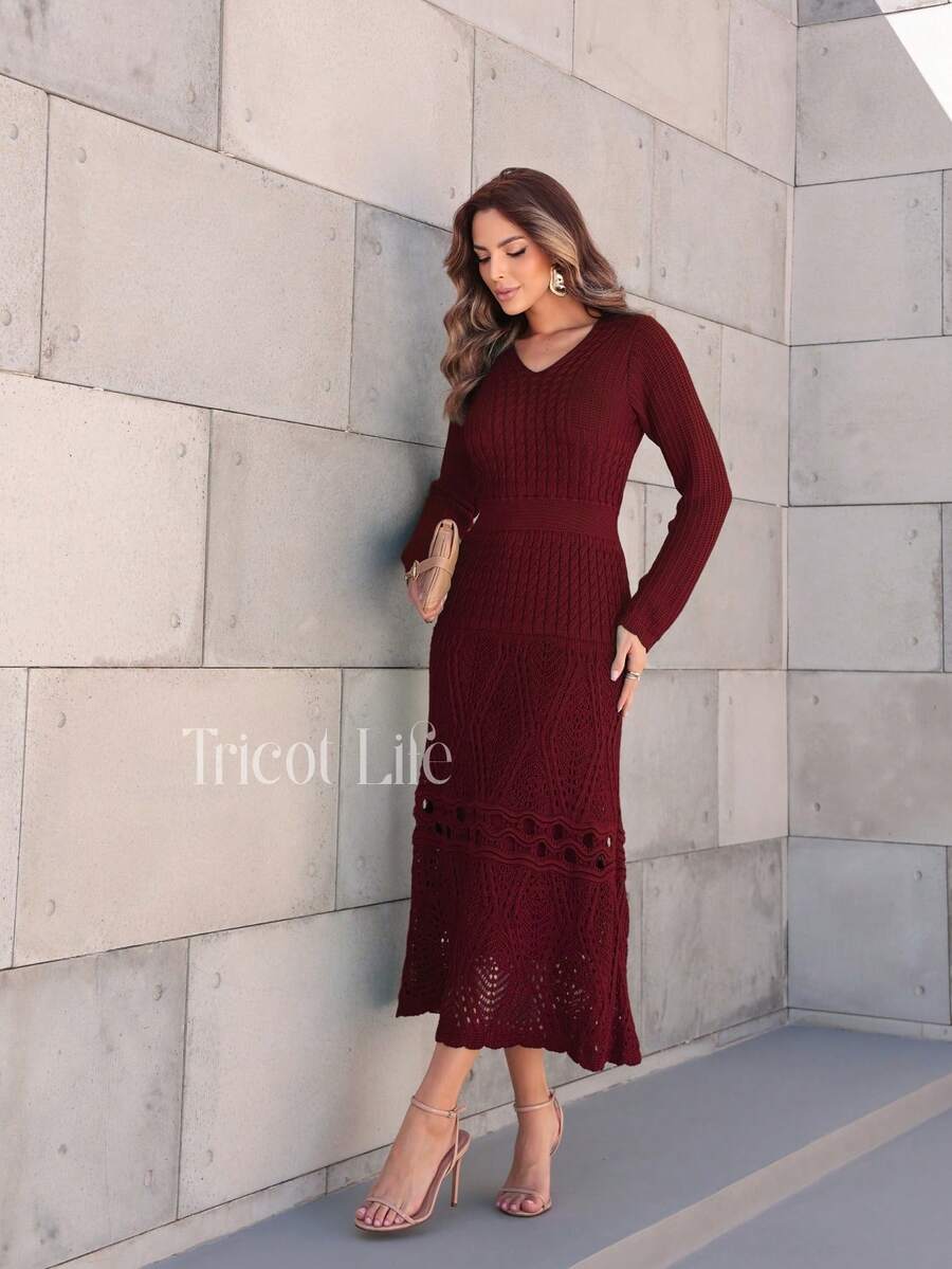 Elegant Women's Midi Knit Dress With Long Sleeves And Lace, Mermaid Style, Ideal For Winter Parties, Shapes The Body. - 勃根地 - 查看 1