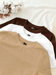 Conjunto de 3 piezas de camisetas de manga larga de ajuste ceñido con cuello redondo, estilo minimalista casual, 95% algodón, para mujer - Multicolor 10 - Ver 5