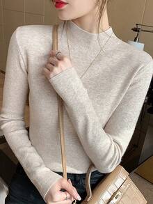 Suéter de cuello alto AOSSVIAO para mujer, moda 2026, nuevas blusas elásticas, jerseys de punto para mujer, suéter de punto de manga larga. - Beige - Ver 1