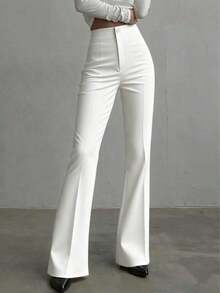 Pantalones rectos de talle alto de color negro sólido, elegantes y casuales, adecuados para uso diario, oficina, traslados, hogar, citas, pequeñas fiestas, eventos sociales ligeros en primavera - Blanco - Ver 1